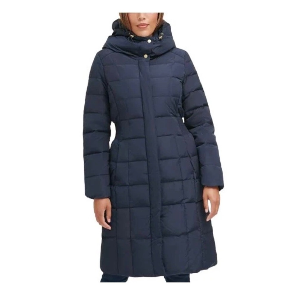 Cole Haan Puffer Coat Womens XS Navy Blue Classic Smocked Waist Down Fill Hooded